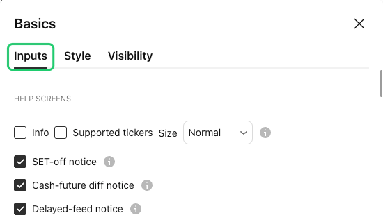 La ventana de configuración de Basics con las pestañas Inputs, Style y Visibility y, arriba, el grupo Help screens