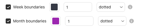 La configuración de los separadores de semana y de mes en la ventana de configuración de Basics, pestaña “Entradas” (Inputs), con sus valores predeterminados