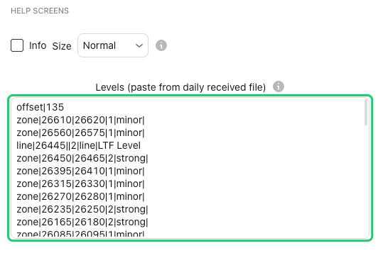 El grupo Help screens y el campo Levels en la configuración de Straydog Zones and Levels, con un bloque de niveles pegado; el campo Levels está rodeado en verde