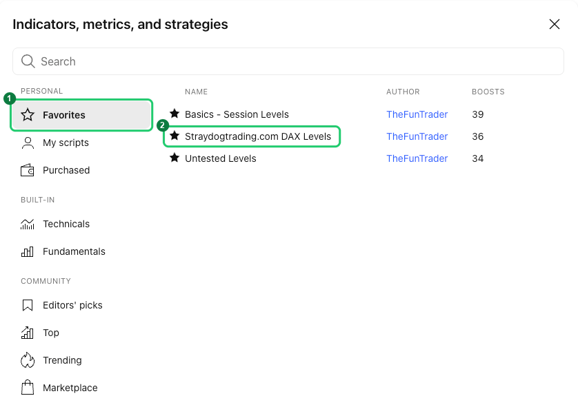 Ventana “Indicadores” de TradingView, lista de favoritos: 1 marca Favorites, 2 marca Straydogtrading.com DAX Levels de TheFunTrader