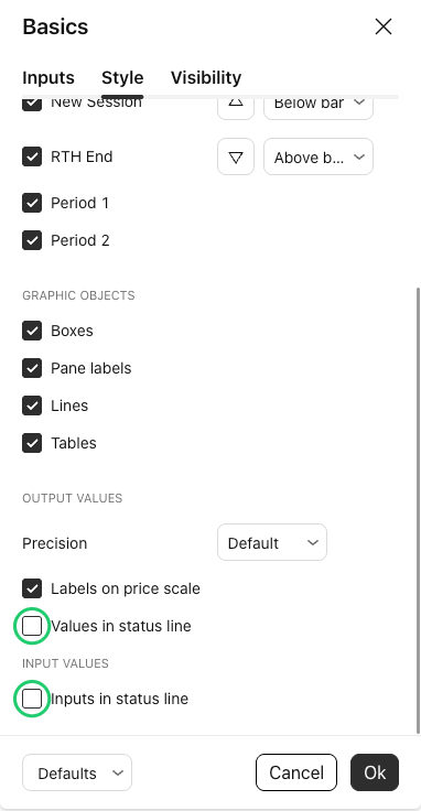 La pestaña Style de la ventana de configuración de Basics, desplazada hasta abajo, con las casillas Values in status line e Inputs in status line rodeadas en verde y desmarcadas